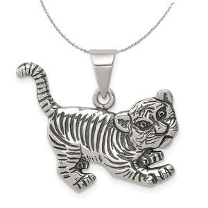 Sterling Silver Antiqued Tiger Cub Necklace - 20 Inch